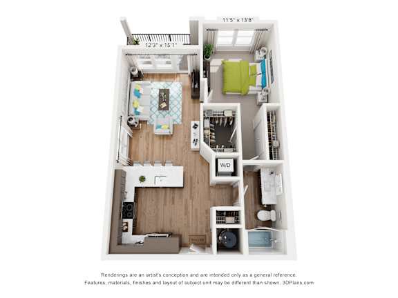 A 3D floor plan of a small apartment with a kitchen, living room, and bedroom.