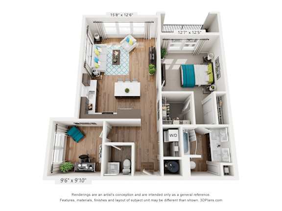 A 3D floor plan of a small apartment with a kitchen, living room, and bedroom.