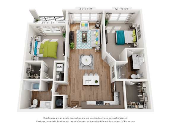 A 3D floor plan of a small apartment with a kitchen, living room, and bedroom.
