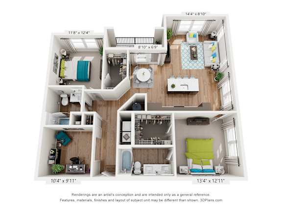 A 3D floor plan of a small apartment with a kitchen, living room, and two bedrooms.