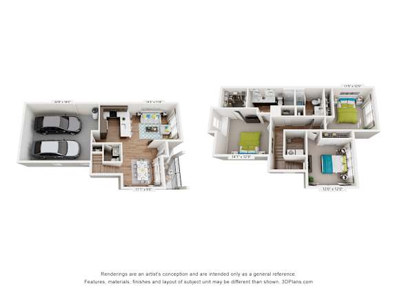 A 3D floor plan of a two bedroom apartment.
