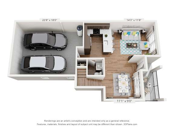 A 3D floor plan of a house with a living room, kitchen, and two bedrooms.