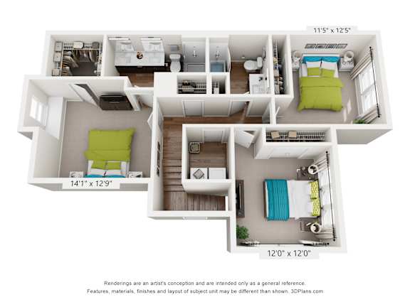 A 3D floor plan of a small apartment with three bedrooms and a living room.