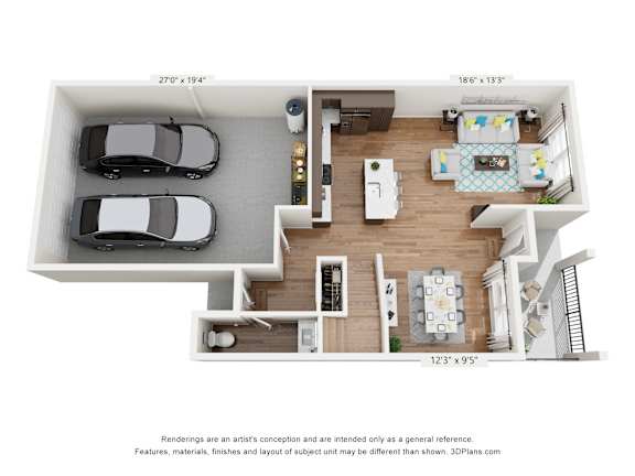 A 3D floor plan of a house with a garage and a living room.