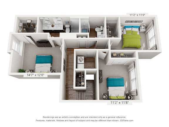 A 3D floor plan of a small apartment with a kitchen, living room, and bedroom.