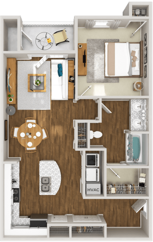 A floor plan of a house with a kitchen, living room, and bathroom.