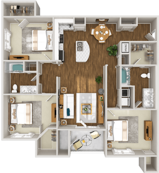 A 3D floor plan of a house showing a kitchen, living room, and two bedrooms.