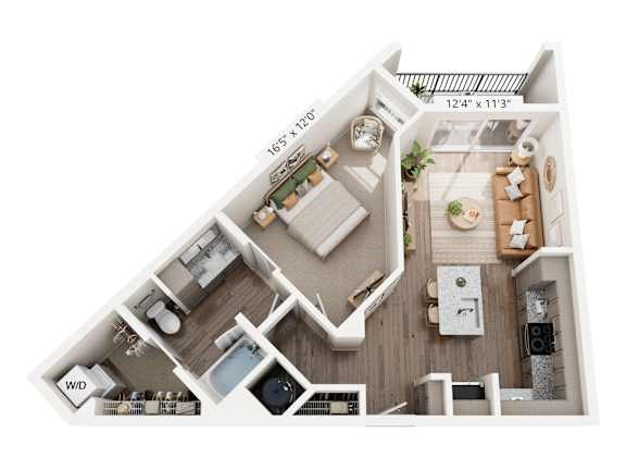 A floor plan of a small apartment with a kitchen, living room, and bathroom.