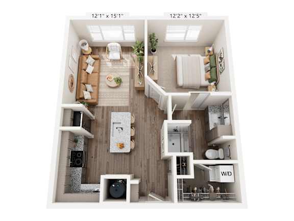 A floor plan of a small apartment with a kitchen, living room, and bedroom.