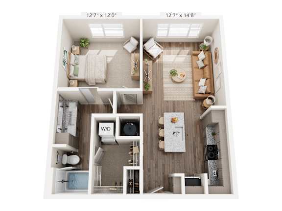 A floor plan of a small apartment with a kitchen, living room, and bathroom.