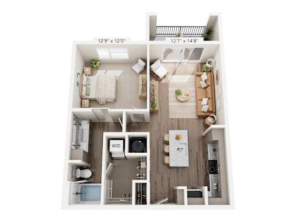 A floor plan of a small apartment with a kitchen, living room, and bathroom.