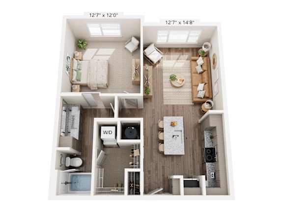 A floor plan of a small apartment with a bedroom, living room, and kitchen.
