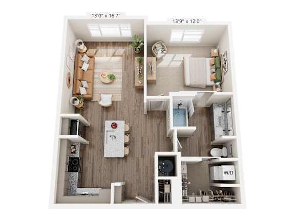 A floor plan of a small apartment with a kitchen, living room, and bathroom.
