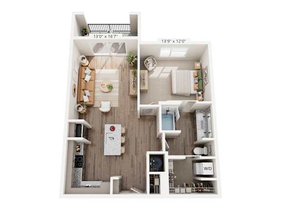 A floor plan of a small apartment with a kitchen, living room, and bathroom.