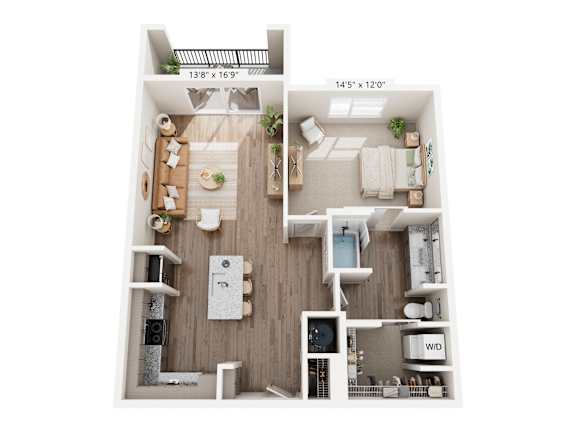 A floor plan of a small apartment with a kitchen, living room, and bathroom.