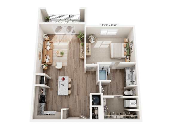 A floor plan of a small apartment with a kitchen, living room, and bathroom.