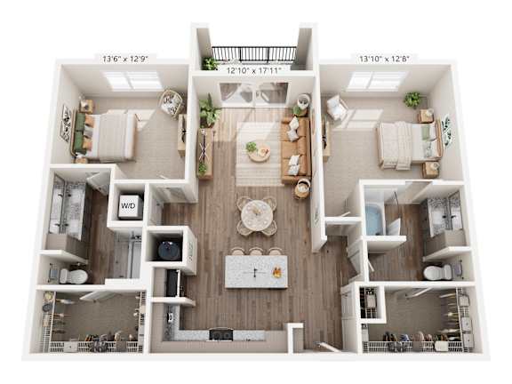 A top-down view of a two-bedroom apartment with a living room, kitchen, and bathroom.