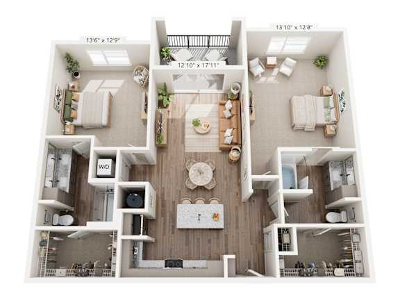 A floor plan of a two-bedroom apartment with a living room, kitchen, and two bathrooms.