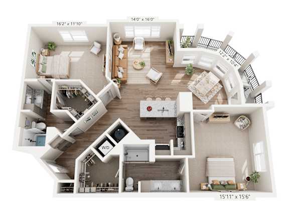 A detailed 3D floor plan of a two-story house with labeled rooms and dimensions.