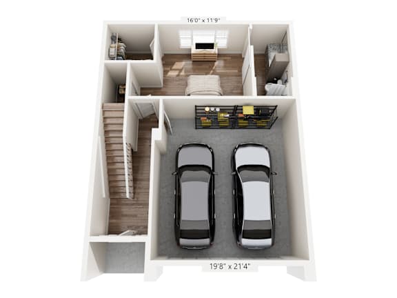 A top-down view of a car garage with two cars parked inside.