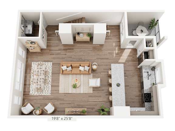 A top-down view of a living room with a sofa set, coffee table, and kitchen area.