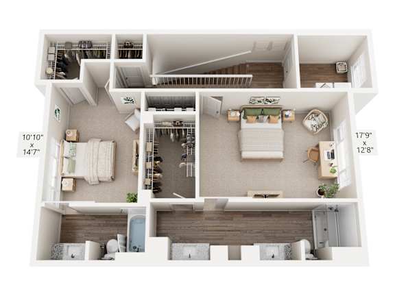 A floor plan of a house with a living room, kitchen, and two bedrooms.