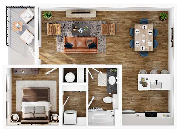 A top-down view of a living room, kitchen, and dining area.