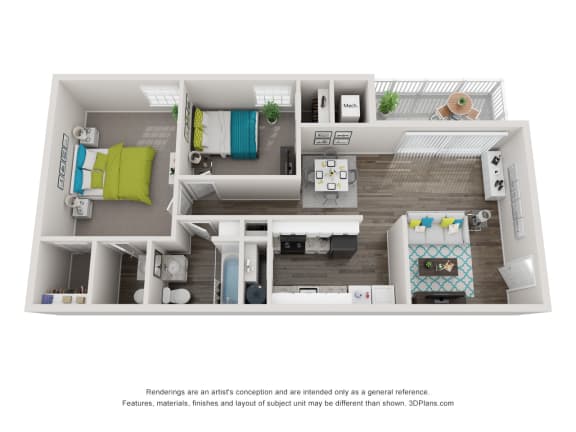 a stylized 3d floor plan of a 1 bedroom apartment