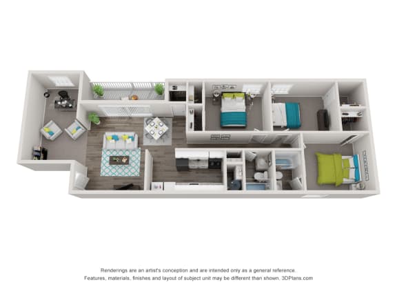 a stylized 3d floor plan of a 1 bedroom apartment