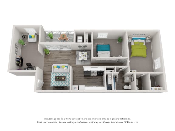 a stylized floor plan of a 1 bedroom310 sq ft house