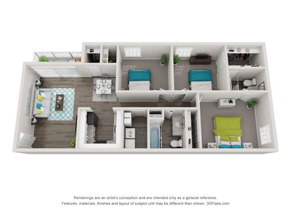 A 3D floor plan of a house with multiple rooms.