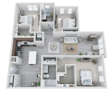 A top-down view of a two-bedroom apartment with a living room, kitchen, and bathroom.
