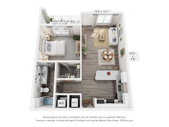 A floor plan of a two-bedroom apartment with a living room, kitchen, and bathroom.
