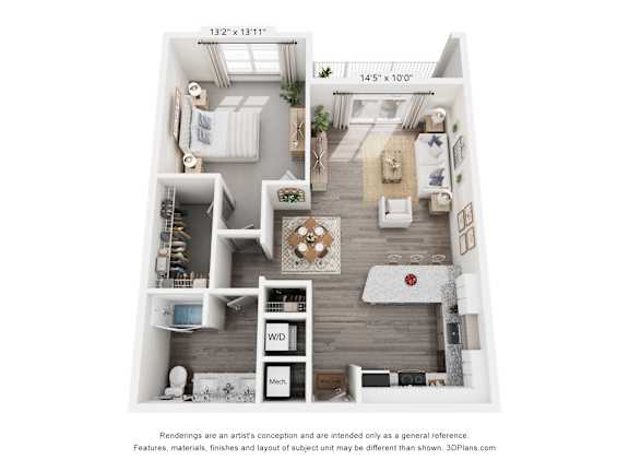 A 3D floor plan of a small apartment with a kitchen, living room, and bedroom.