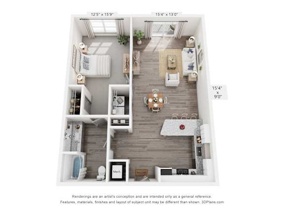 A 3D floor plan of a small apartment with a kitchen, living room, and bathroom.