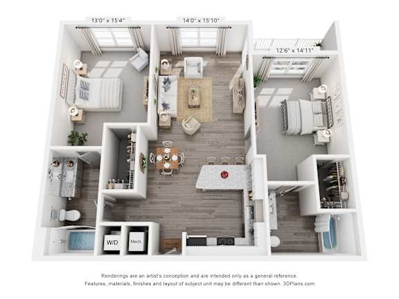 A 3D floor plan of a house with a living room, dining room, kitchen, and bathrooms.