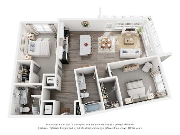 A 3D floor plan of a house with labeled rooms.