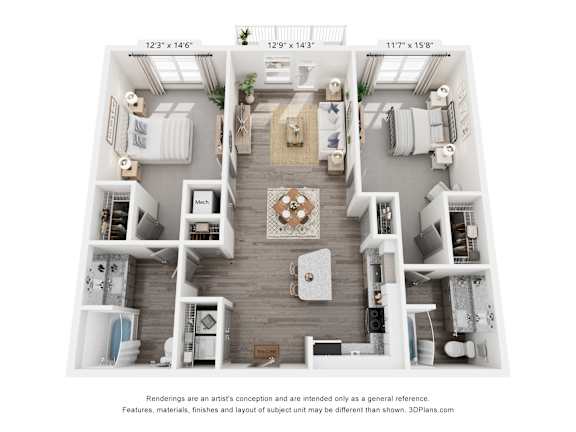 A 3D floor plan of a two-bedroom apartment with a living room, kitchen, and bathroom.