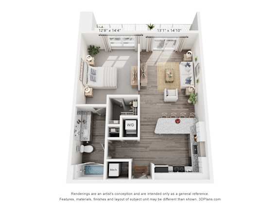 A 3D floor plan of a small apartment with a kitchen, living room, and bedroom.