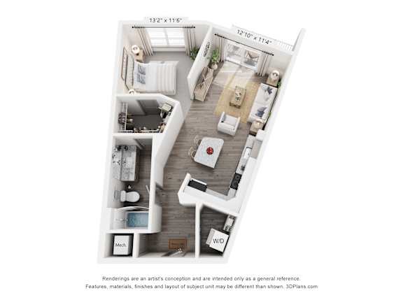 A 3D floor plan of a small apartment with a kitchen, living room, and bathroom.