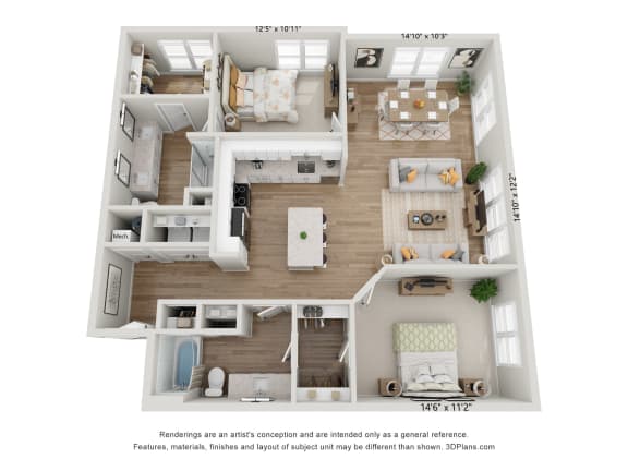 a 3d floor plan of a 3 bedroom apartment