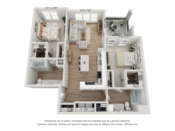 a 3d floor plan of a 3 bedroom apartment