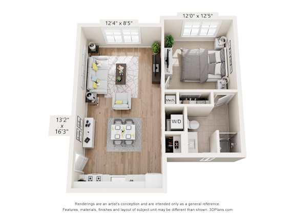 A floor plan of a small apartment with a kitchen, living room, and bedroom.