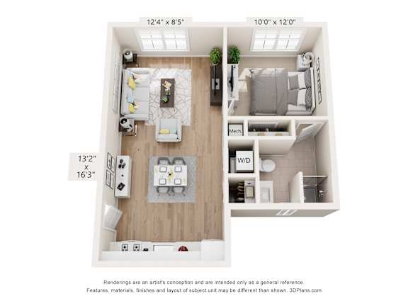 A 3D floor plan of a small apartment with a kitchen, living room, and bedroom.