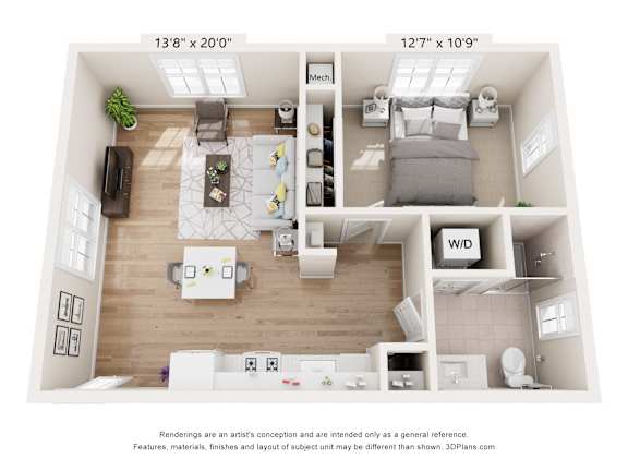 A floor plan of a small apartment with a living room, kitchen, and bedroom.