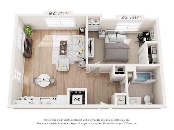 A floor plan of a small apartment with a kitchen, living room, and bedroom.