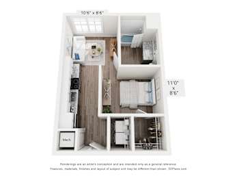 A floor plan of a one bedroom apartment.