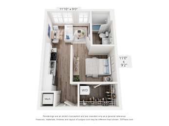 A floor plan of a small apartment with a kitchen, living room, and two bedrooms.
