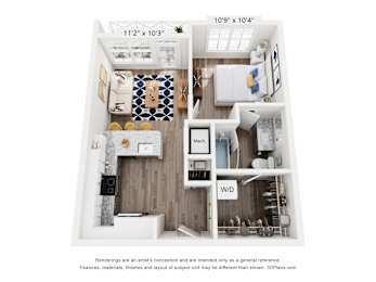 A floor plan of a small apartment with a kitchen, living room, and bedroom.