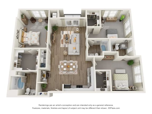 A 3D floor plan of a house with a kitchen, living room, and bedrooms.